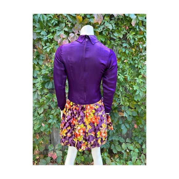 60s Scooter Dress Royal Purple Satin & Multicolor Floral Velvet Drop Waist Sm - Picture 7 of 16